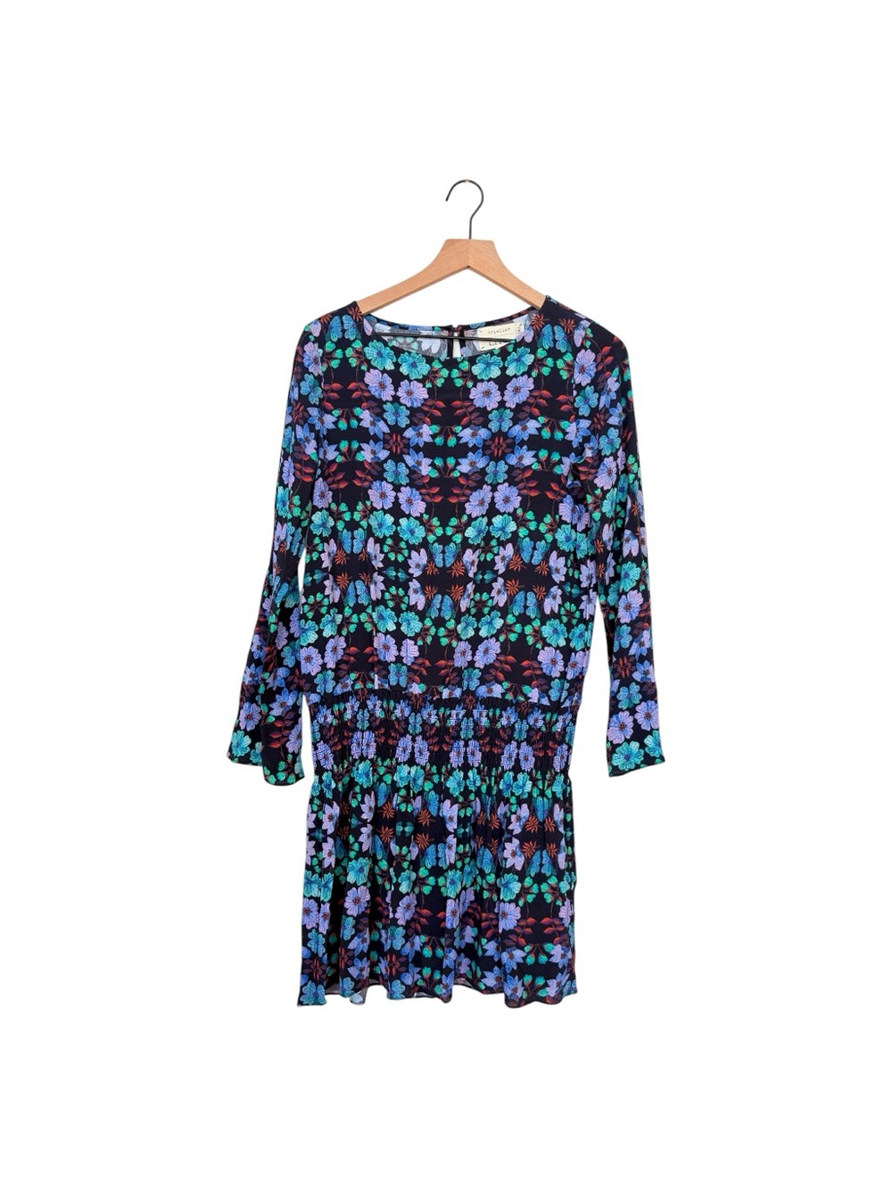 Nicole Miller Atelier. Floral Pint Smocked Waist Long Sleeves Midi Dress M